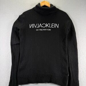 Calvin Klein Black Mock Neck Knit Sweater L/G Alpaca Wool Blend Ribbed Side‎ Zip